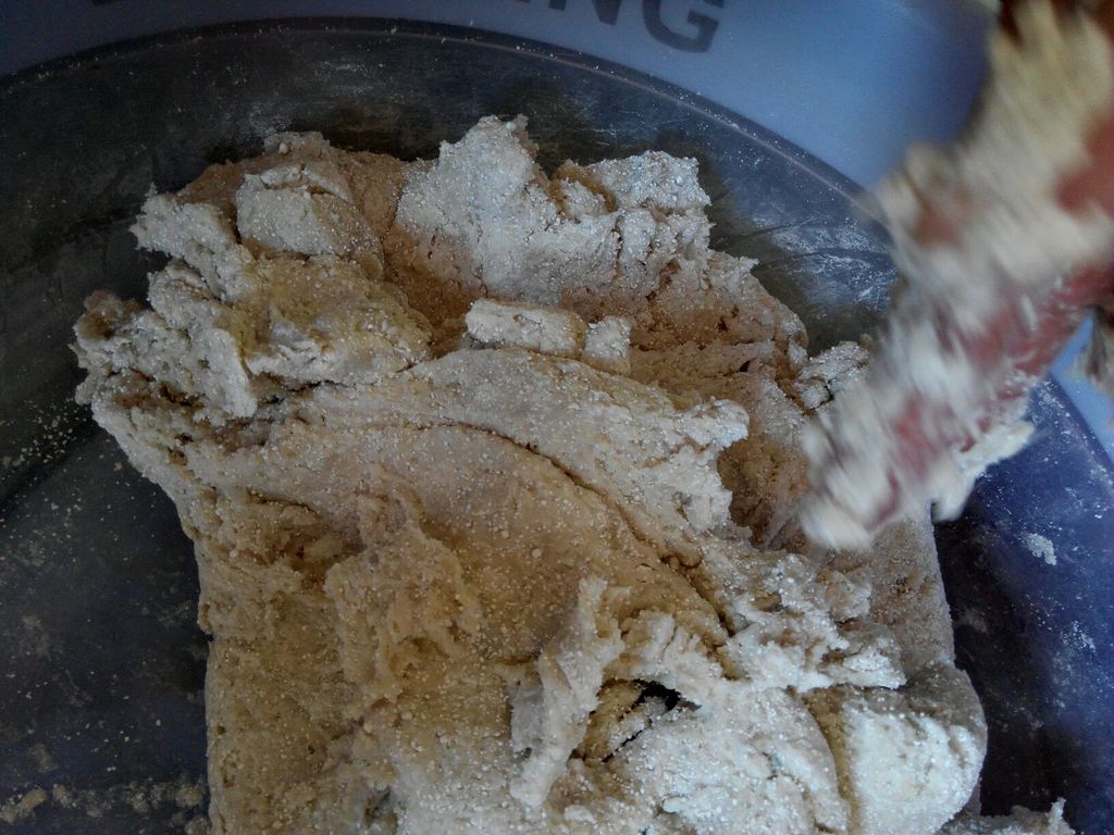 加入盐,开水少许,木薯粉,一直用手用力揉搓,直到表皮光滑.