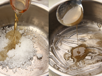 制作糖浆:威士忌酒与白砂糖倒入不粘锅中开中火,搅拌熬煮至黏稠糖浆