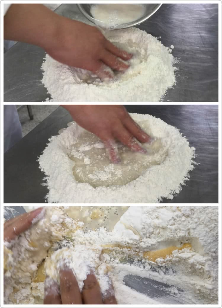 加入高筋粉中,由里往外和面,再加入蛋液.