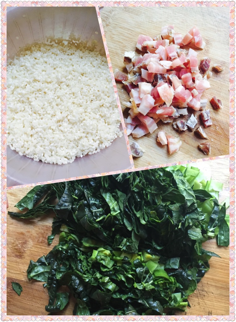 把大米和糯米混合(这样米饭更糯),淘洗干净;咸肉切丁;乌塌菜洗净切好