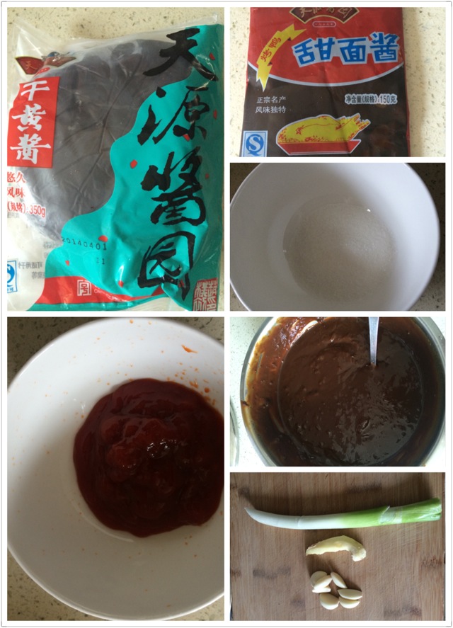 炸酱原料:干黄酱,甜面酱,蕃茄酱,白砂糖,葱,姜,蒜