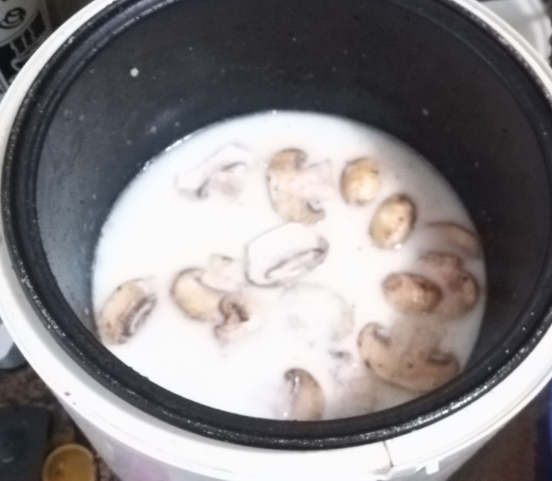 电饭煲中放牛奶,蘑菇,炒面粉,盐.